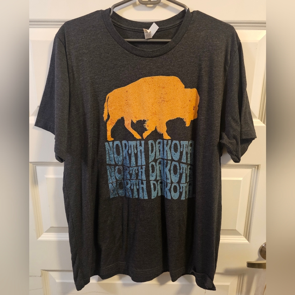 North Dakota Retro Wave W/buffalo Bella + Canvas Dark Gray T-Shirt. Unisex. XL.